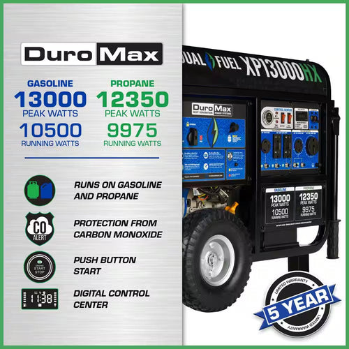 13000/10500-Watt Dual Fuel Electric Start Gasoline/Propane Portable Home Power Back up Generator with CO Alert Shutdown