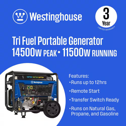 14,500-Watt/11,500-Watt Remote Start Tri-Fuel Portable Generator with Transfer Switch Outlet, Remote Start and CO Sensor