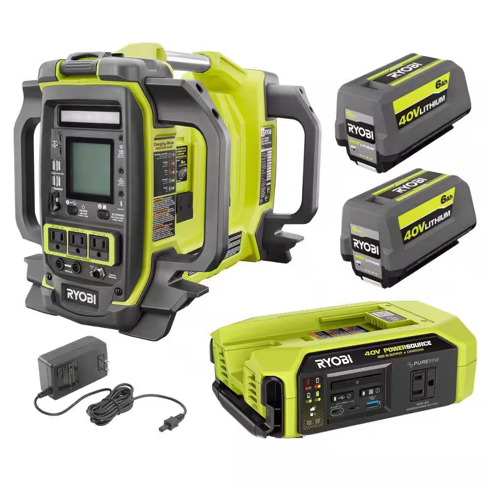 40V 1800-Watt Portable Battery Inverter Power Station & 4-Port Charger W/ 300-Watt Power Source & (2) 6.0 Ah Batteries