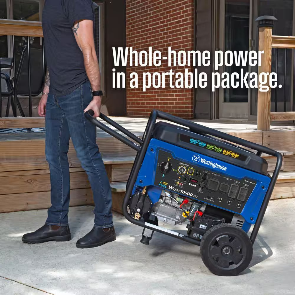 13,500/10,500-Watt Tri-Fuel Gas, Propane, Natural Gas Powered Portable Generator with Remote Electric Start, 50A Outlet
