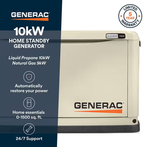 10,000 Watt - Dual Fuel Air- Cooled Whole House Home Standby Generator, Smart Home Monitoring