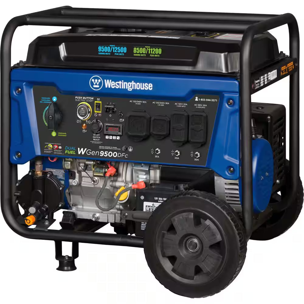 12,500/9,500-Watt Dual Fuel Gas and Propane Powered Portable Generator with Remote Electric Start, 50 Amp Outlet