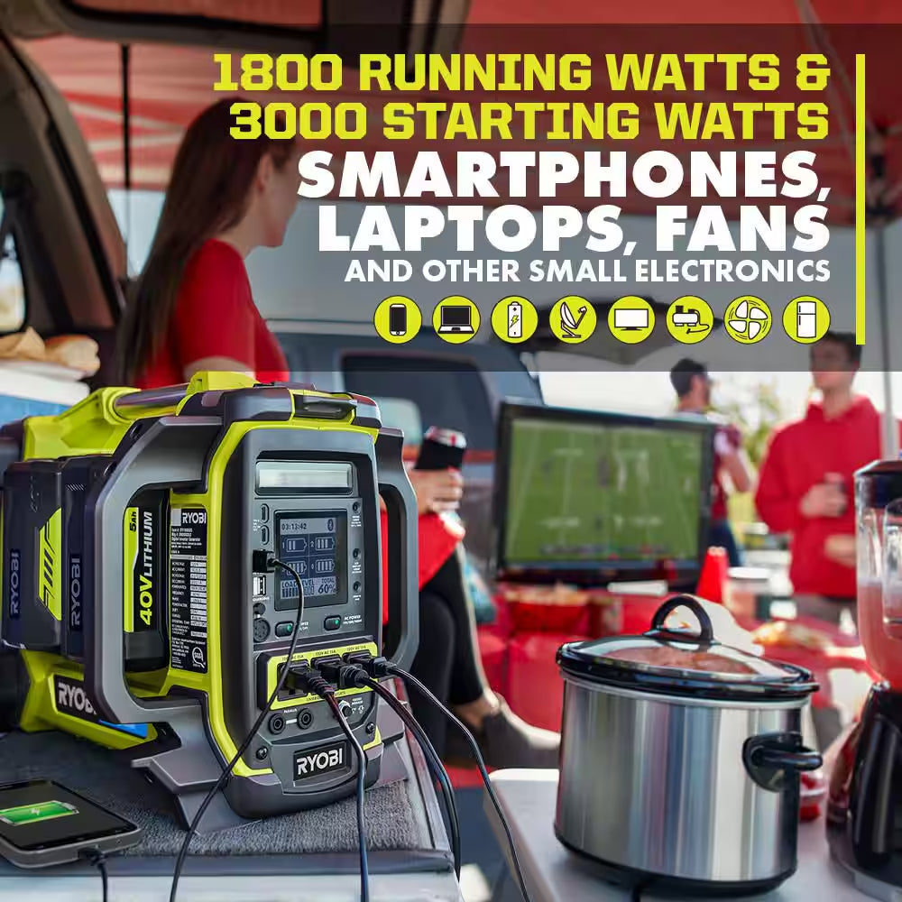 40V 1800-Watt Portable Battery Inverter Power Station & 4-Port Charger W/ 300-Watt Power Source & (2) 6.0 Ah Batteries