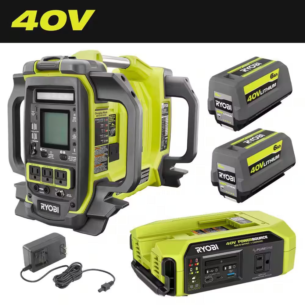 40V 1800-Watt Portable Battery Inverter Power Station & 4-Port Charger W/ 300-Watt Power Source & (2) 6.0 Ah Batteries